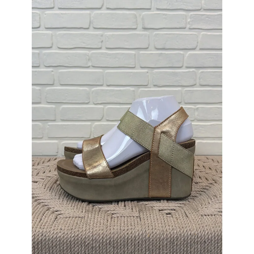 OTBT Bushnell Platform Wedge Sandals Olive Gold Size 7.5